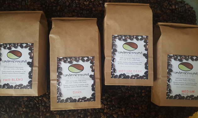 Close-up of Underground Coffee Company bags. 