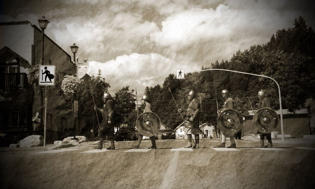 The Sons of Fenrir walk the streets of Kimberley from the Viking Village to the Platzl.