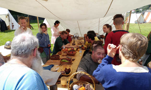 Medieval participants ate in the Viking Village, a temporary residence inside Coronation Park for the weekend of the Kimberley Medieval Festival. Temperatures reached into the high 30s during the weekend. Staying hydrated and taking rests was important.