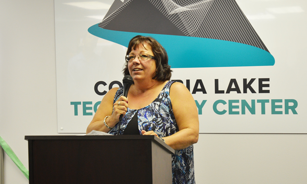 Ute Juras, mayor of Canal Flats, at the announcement that the Columbia Lake Technology Center will be built in Canal Flats