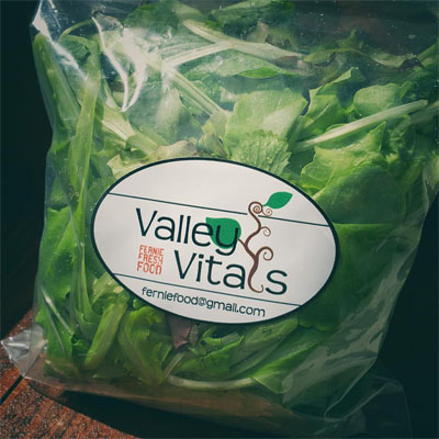 Bag of fresh salad greens with Valley Vitals label on the bag. 