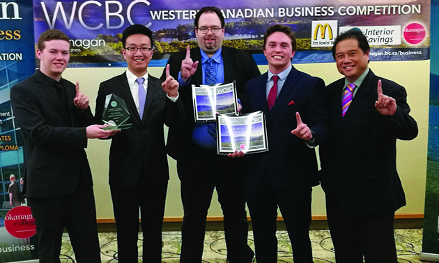 The winning team members from the Business Management program at College of the Rockies are (L to R) Jordan Lydell, Yunguang (John) Li, Bradley Schmidt, Brandon Ouillette and Rezin (Butch) Butalid course instructor and team coach.
