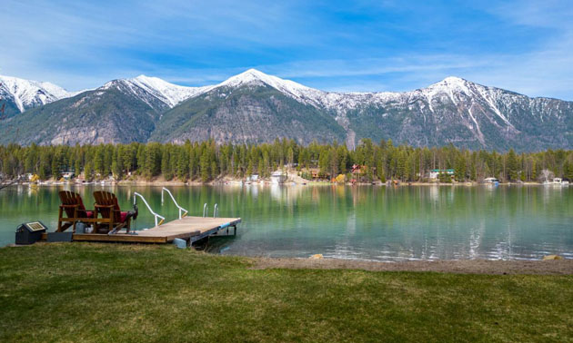 Lake and mountains in background. 