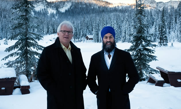 MP Wayne Stetski andNDP leader Jagmeet Singh at the top of the Kootenay Pass.