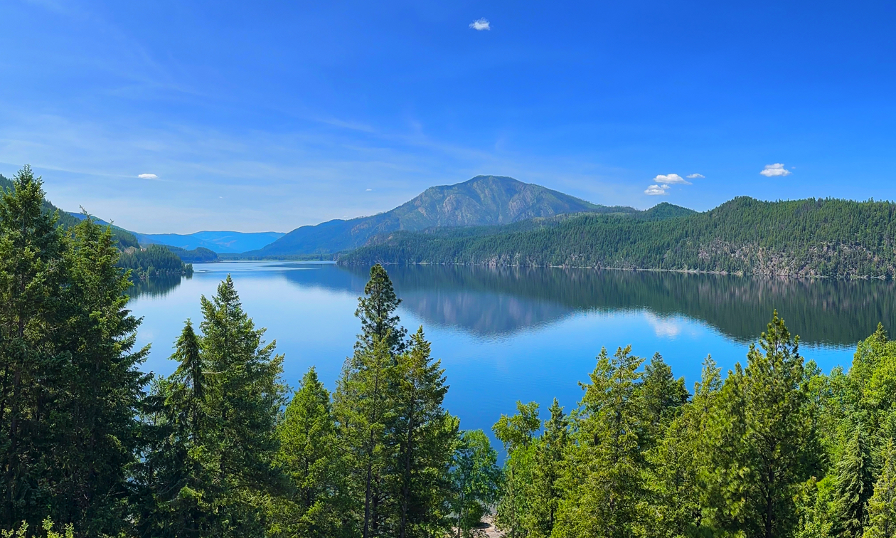 Moyie Lake, BC with trees and mountains