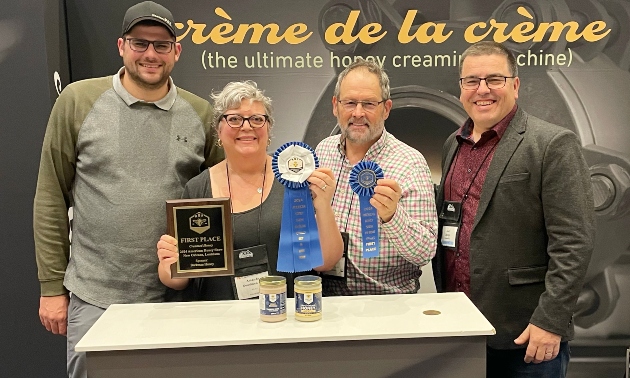 Creampal  makers with Lees and awards – L-R Sebastien Laberge, Amanda Goodman Lee, Jeff Lee, Joel Laberge.  The Lees used a revolutionary made-in-Canada specialized creaming machine manufactured by the Laberge’s CreamPal company from Quebec. It is the only one of its kind in British Columbia. 