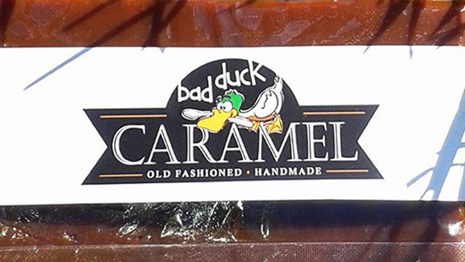 Label for Bad Duck Caramel Company. 