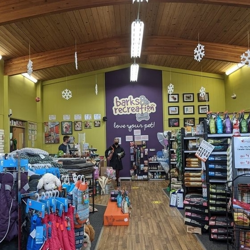 interior of Barks and Recreation, with pet supplies on various racks