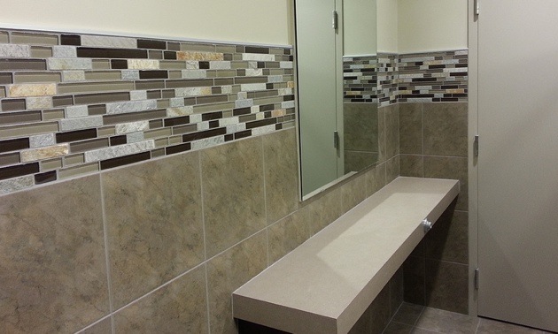 Bathroom in the new Thompson Lerose Offices in the Kootenay Savings Credit Union building in Trail, BC.
