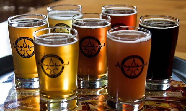 Picture of several glasses of Arrowhead Brewing Company beer, all of different shades. 