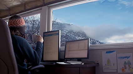 Person sitting in front of a computer by a window