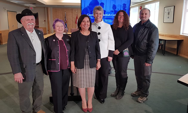 From left, RDCK Area H director Walter Popoff, Silverton Coun. Leah Main, Minister of Citizens’ Services Jinny Sims, Minister of Children and Family Development Katrine Conroy, Slocan Mayor Jessica Lunn and Nakusp Mayor Tom Zeleznik.