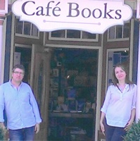 Evans Rora (owner) and his wife, Laura, standing in front of Cafe Books West in Castlegar. 