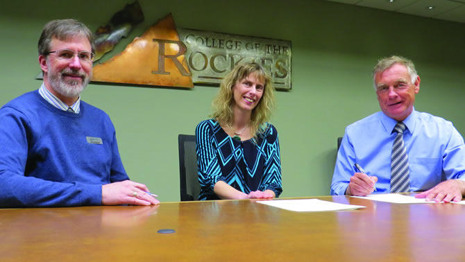 As pictured l-r:  College of the Rockies’ Dean of Business and University Studies, Darrell Bethune;  Jane Raycraft, Instructor, Capilano University School of Tourism Management and School of Business; and College of the Rockies President and CEO David Walls. 