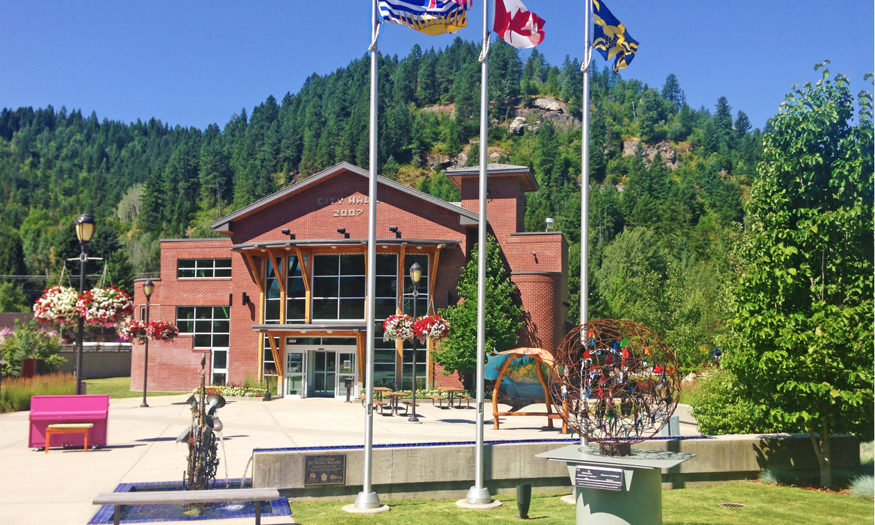 Whimsical public art and lovely green space welcome visitors to Castlegar City Hall.