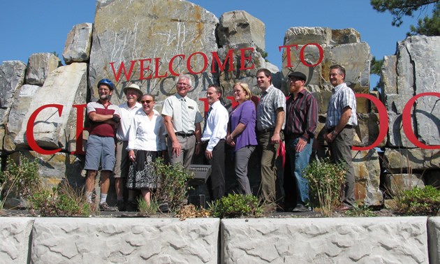 Cranbrook mayor Wayne Stetski (fourth from left) is pictured at the grand opening of the new and improved Elizabeth Lake entrance to the city.
