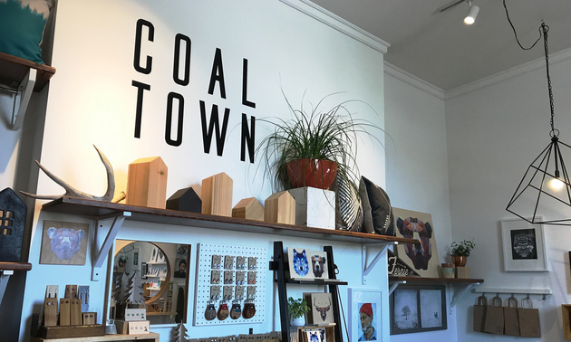 Coal Town shop interior with wooden handmade items and other merchandise