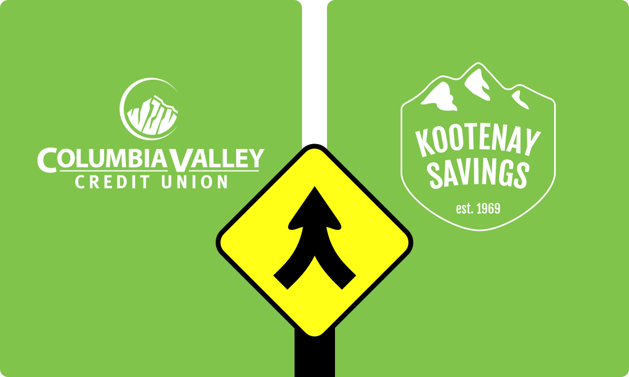 Graphic showing two green credit union logos and a yellow arrow pointing to them merging