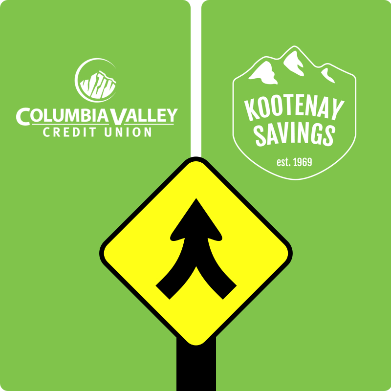 Graphic showing two green credit union logos and a yellow arrow pointing to them merging
