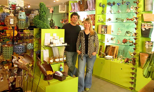 man and his wife in a garden centre in South Slocan, BC