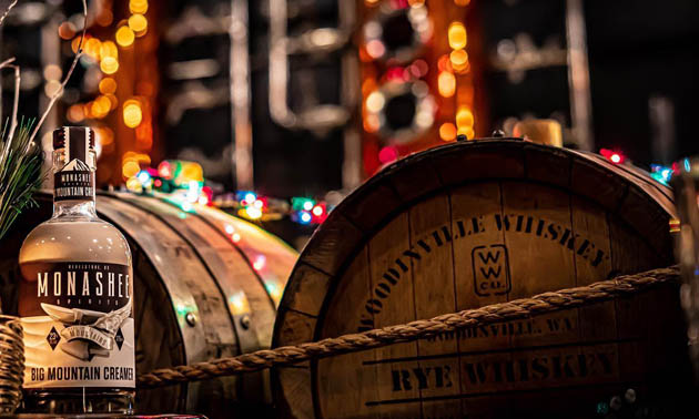 Whiskey-keg and bottle of Monashee Spirits Craft Distillery product. 