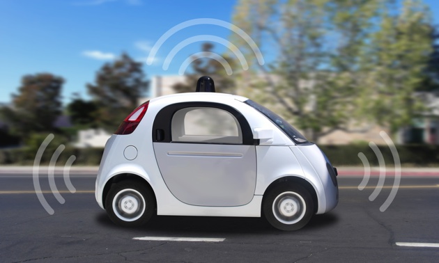 Autonomous self-driving driverless vehicle with radar 3D render.
