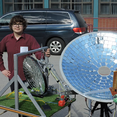 Dylan Peil, a Grade 9 student at LV Rogers Secondary School,  designed and prototyped an Active Solar Tracker using a satellite dish covered with mirrors. 