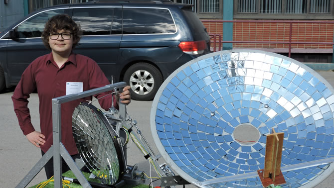 Dylan Peil, a Grade 9 student at LV Rogers Secondary School,  designed and prototyped an Active Solar Tracker using a satellite dish covered with mirrors. 