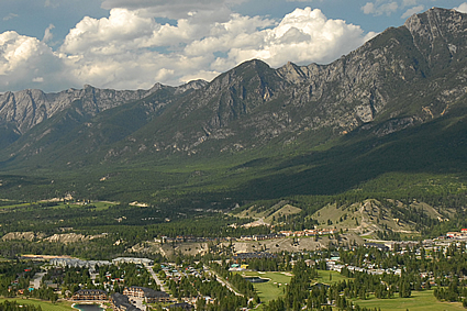 aerial shot of Radium Hot Springs and mountains