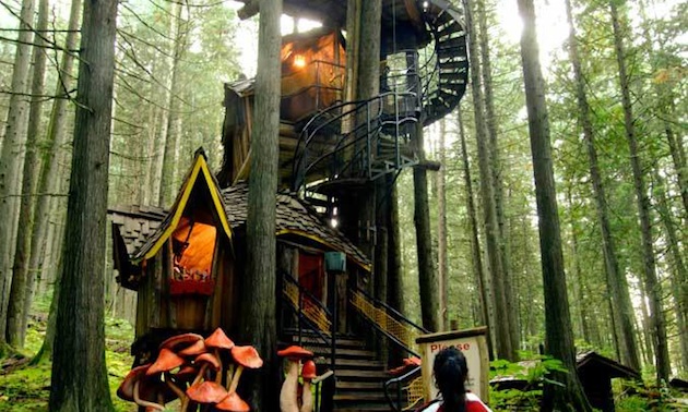 A tree house with a spiral staircase, one of the many attractions at the Enchanted Forest.