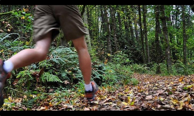 A man running on a forest trail.