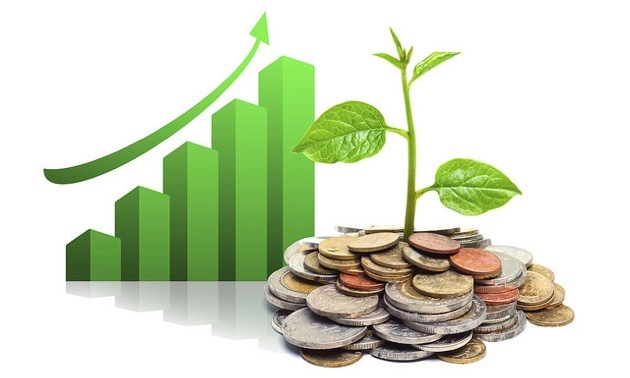 A graphic of a small tree growing out of a pile of coins, with a green growth graph behind. 