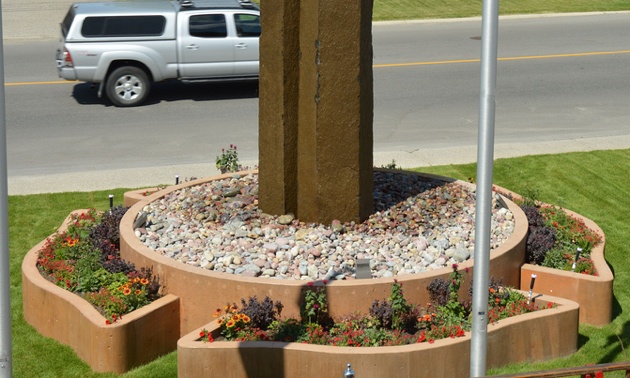 A view of the new fountain set in the landscaping. 