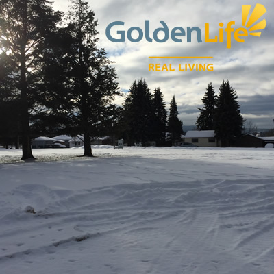 Picture of empty plot of land, with snow and pine trees and Golden Life logo. 