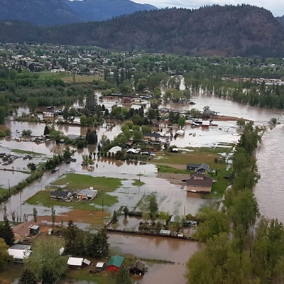 Aerial view of flooding in the community of Grand Forks, B.C. 