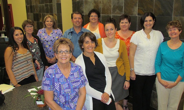 Back row - (L to R)l
Casey Unwin (Front Desk)
Bonnie Spoelder (Front Desk)
Andrea Manning (Medical Office Assistant)
Dr Renier Joubert
Rhonda Ife (Front Desk)
Carol Waugh (Billdings Specialist)
Front Row (L to R)
Laurie Schmideder (Medical Office Assistant)
Dr Cecile Andreas
Dr Karen Fordham
Dr Liesl Davis
Dr Linda Smith
