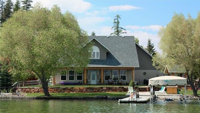 Picture of waterfront house with dock. 