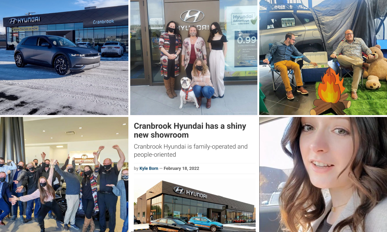 Dancing employees, indoor camping, high fives and bloopers—it’s all part of the fun that shows off the personality and people behind the automobiles at Cranbrook Hyundai. Photo collage. 