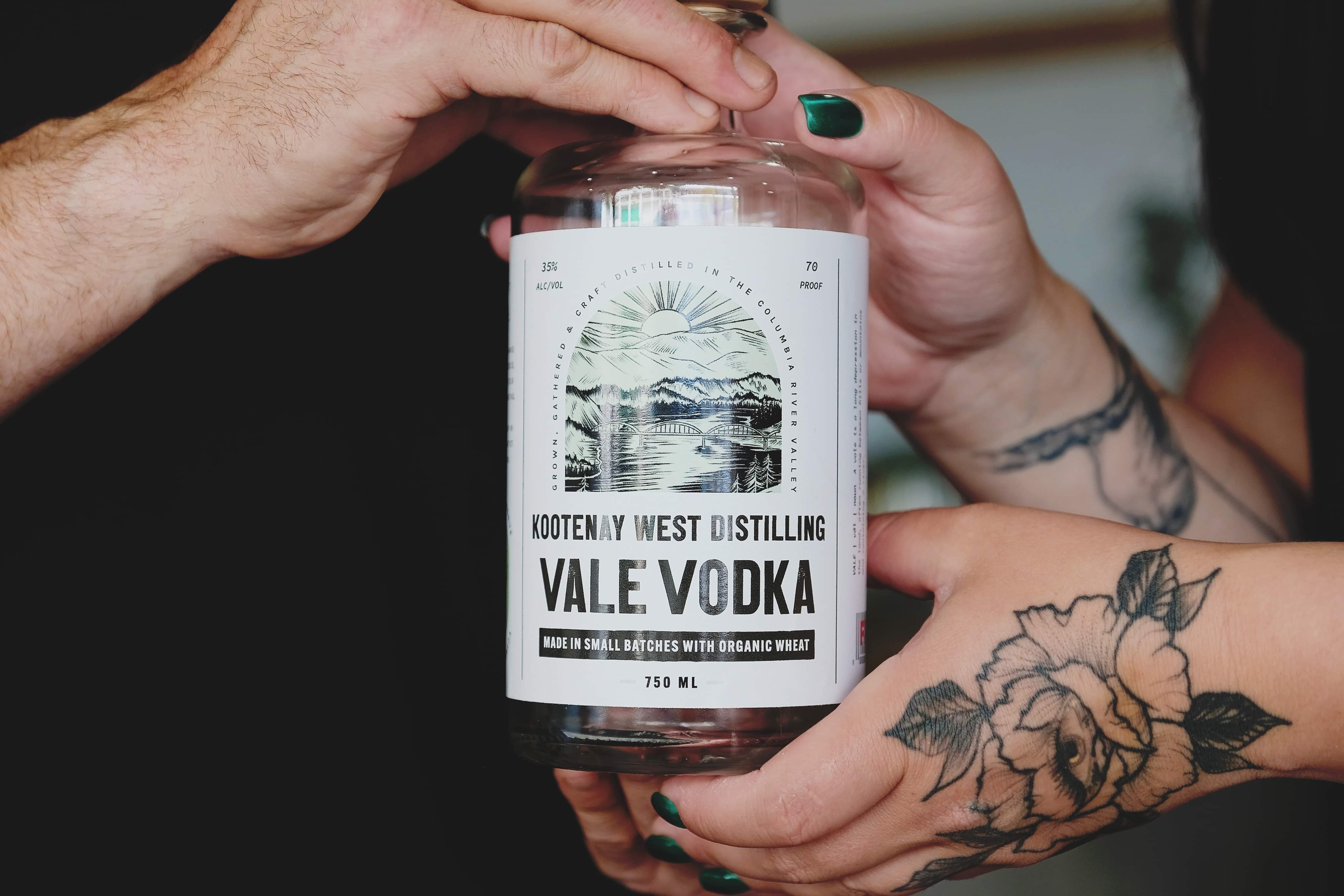 Close-up of Kootenay West Distilling Vale Vodka bottle. 