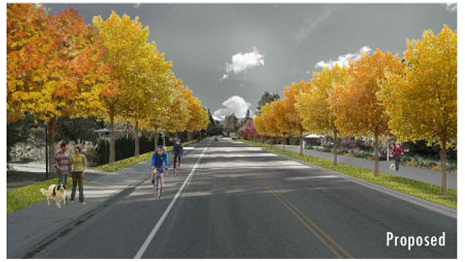 A rendering of street tree plantings along a boulevard with a multi-use pathway within Castlegar's Columbia Avenue Residential District