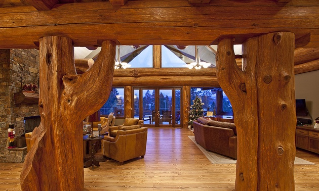 The interior of the award winning log, post and beam home of Larsen Whelan Enterprises Ltd. 