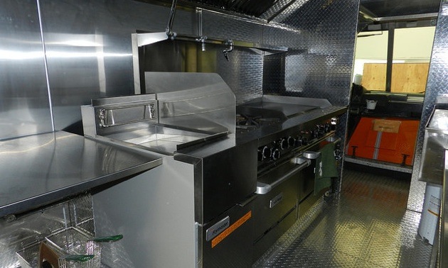 The kitchen inside of the FoodEx truck.