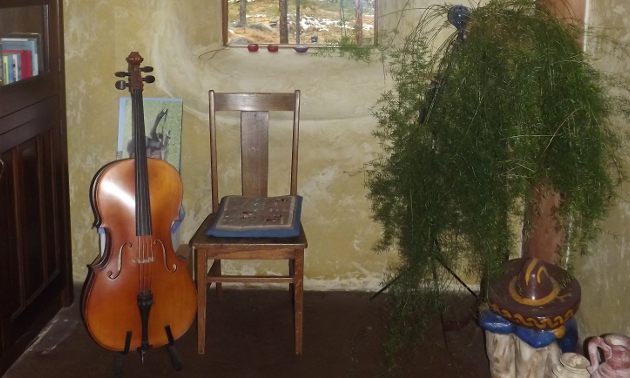 inside corner of a house with a chair, plant and stringed musical instrument