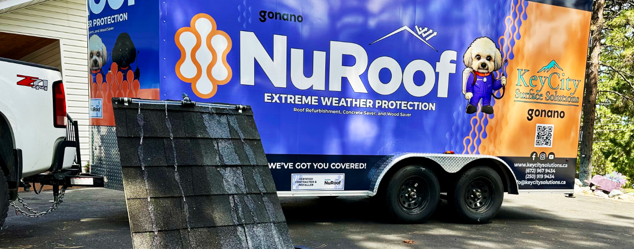 A demonstration of NuRoof products, showing a piece of roofing treated with them
