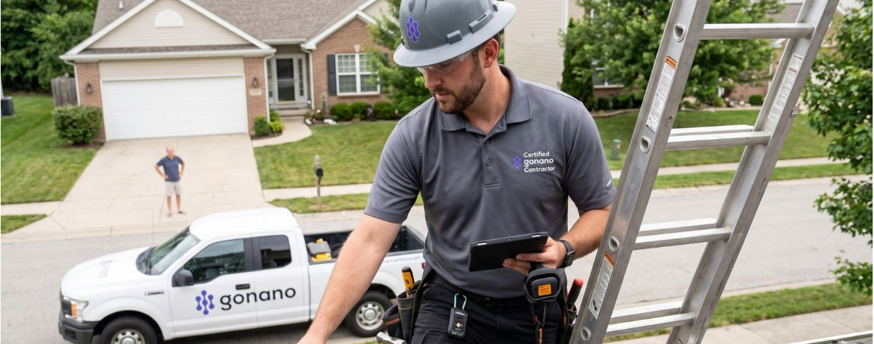 A man climbing a ladder an taking measurements with the gonano truck in the background
