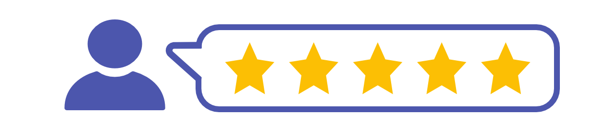 icon in blue of a person with a speech bubble containing five gold stars