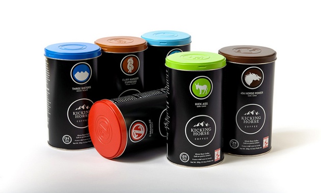 Six of the most popular Kicking Horse Coffee blends. Blends available, left to right, back row: Three Sisters; Cliff Hanger Espresso; Decaf (H2O processed). Left to right, middle and front row: Z-Wrangler; Kick Ass; and 454 Horse Power.