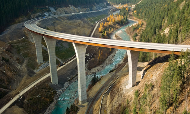 The dramatic Kicking Horse Bridge was part of an earlier upgrade on Highway #1.