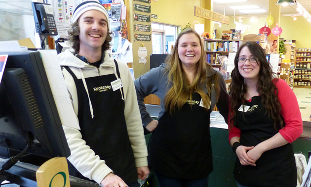 Kootenay Co-op staff from left to right: Andrew Duff, Julia Hamilton, Alexa Cramton. 