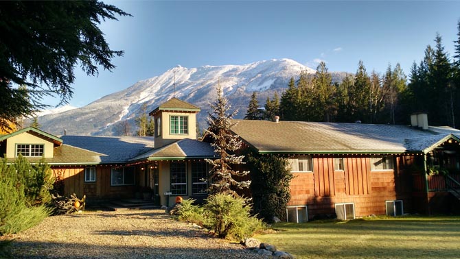 The lodge at Mulvehill Creek Eco-Retreat is located at the base of Mount Begbie.